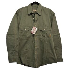 Timberland Weathergear twill button-up work shirt in green.